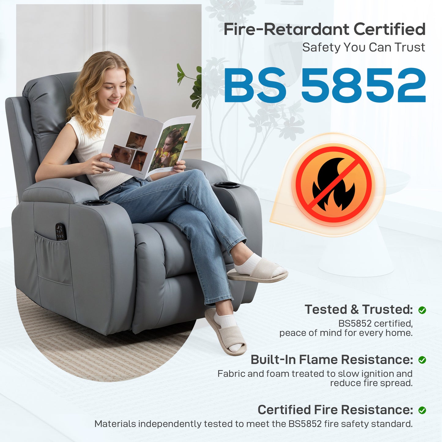 HOMCOM Massage Recliner Grey PU Leather With Eight Point Massage In Four Zones For Back Lumbar Heating Thighs And Legs