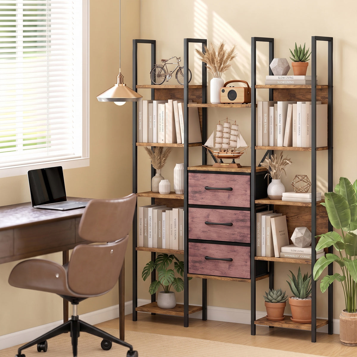Homcom 5 Tier Bookshelf With Drawers And Open Shelves Brown