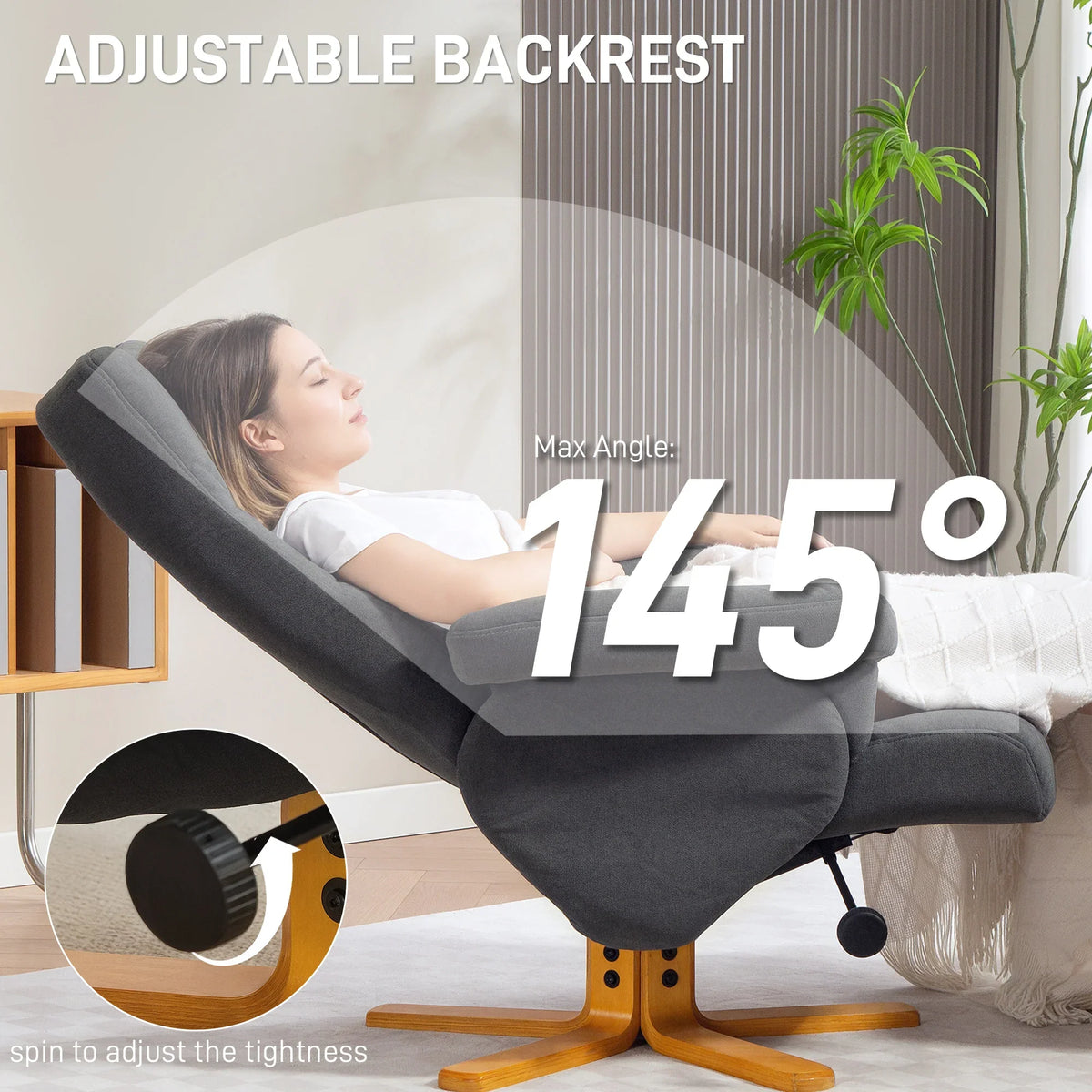 Grey reclining lounge chair with adjustable backrest up to 145° and cushioned seat