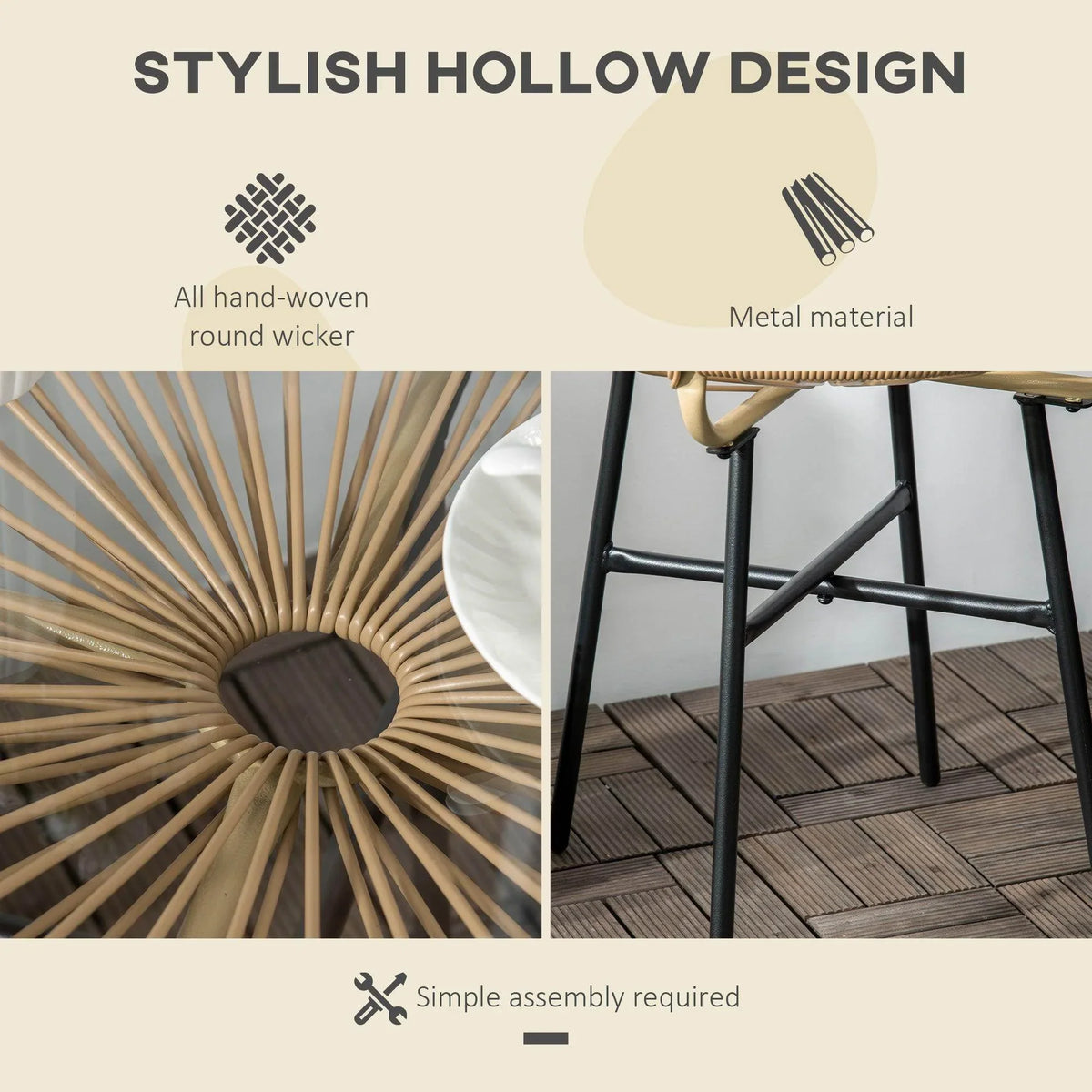 Woven hollow rattan side table top with black metal legs