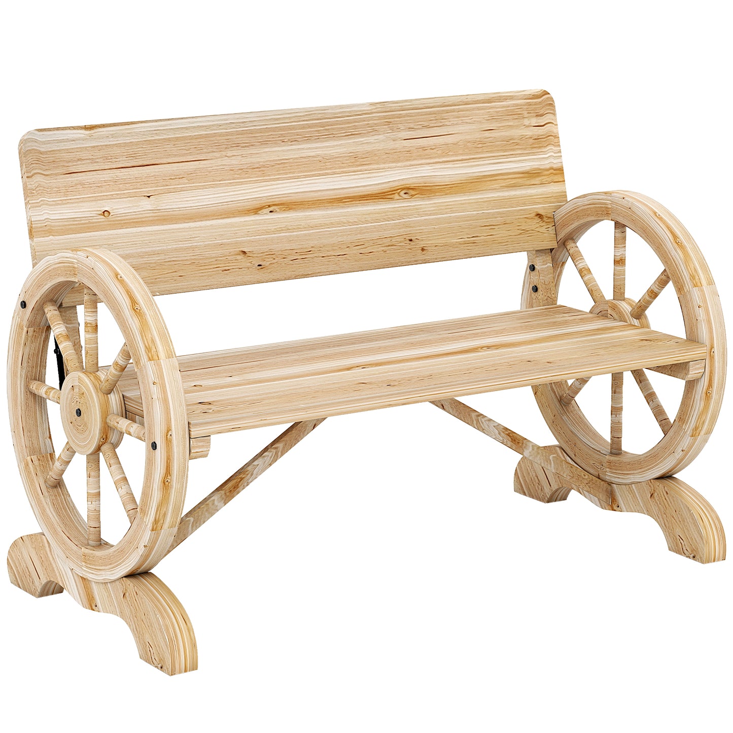 Outsunny Fir Wood Two Seater Wagon Wheel Bench For Outdoor Garden Patio Natural Finish Supports Up To 250 Kg