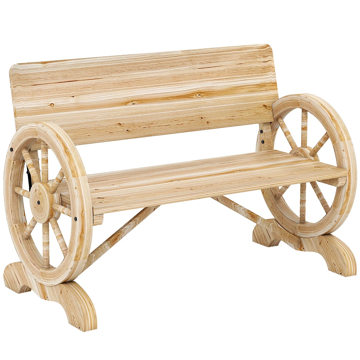 Light natural wood wagon wheel loveseat bench with slatted seat and back, wheel arm frames