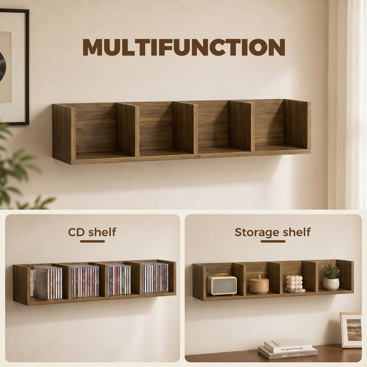 Walnut wall-mount storage rack with cubby compartments for CDs or small storage