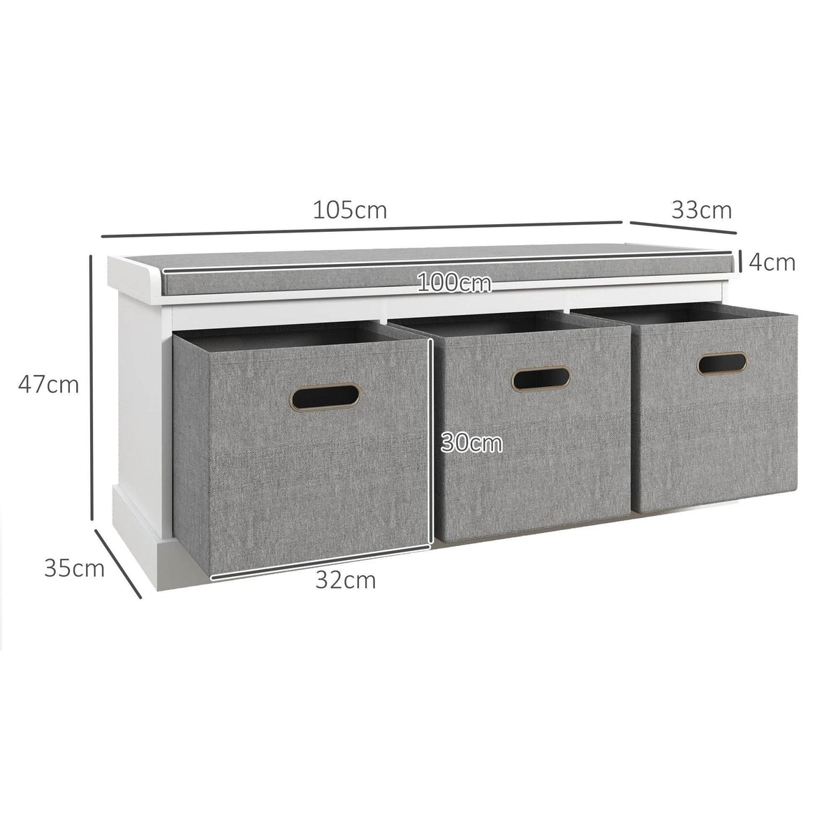 HOMCOM shoe storage bench diagram showing three gray drawers and padded top