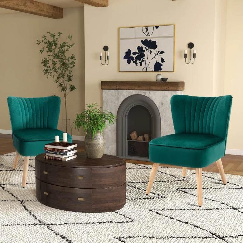 Set of 2 green velvet accent chairs with curved backrest and light wood legs