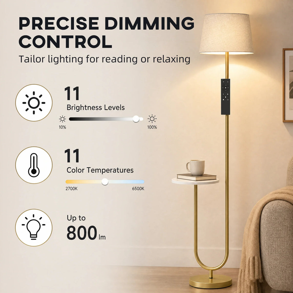 Dimmable floor lamp with linen shade showing brightness levels, color temperatures, and up to 800 lm