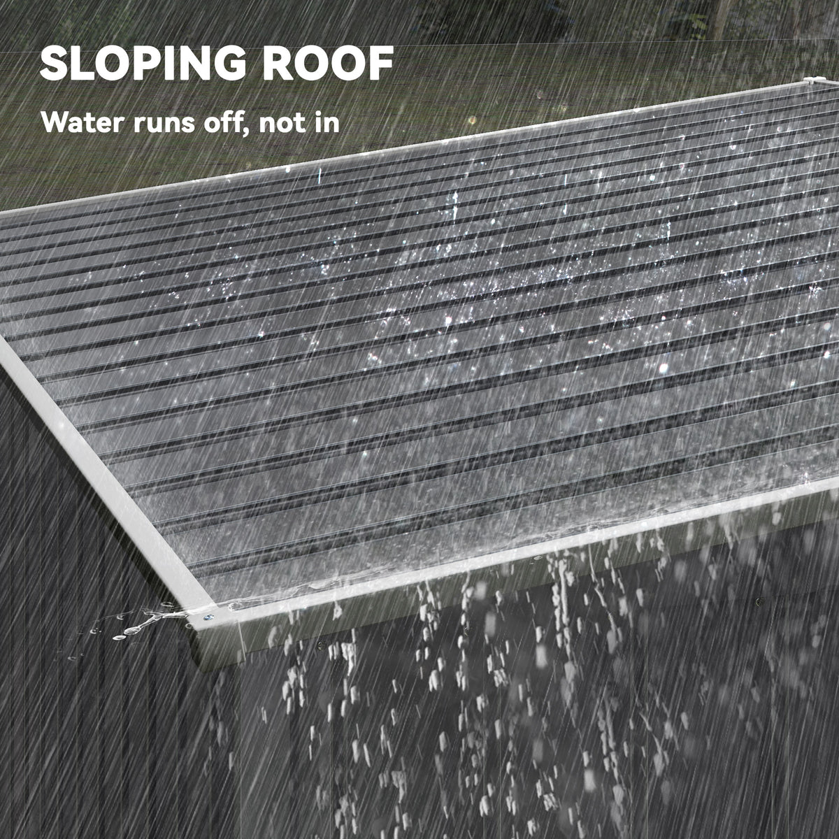 Sloping metal roof panel designed to shed water for a garden shed.