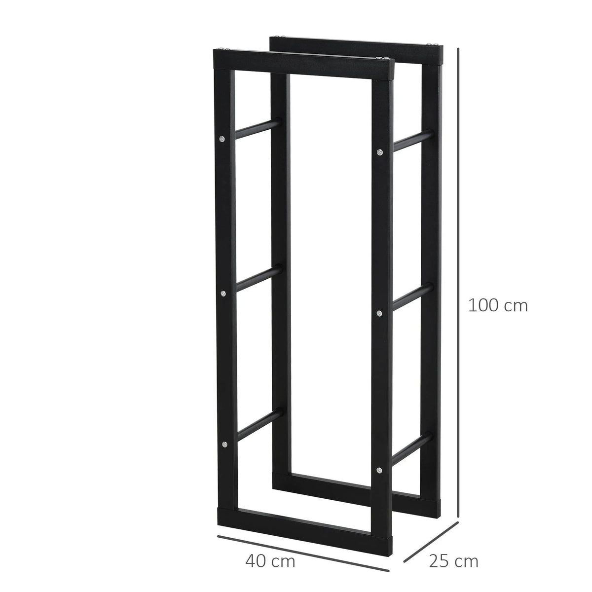 Black metal firewood log holder rack with open frame, vertical design