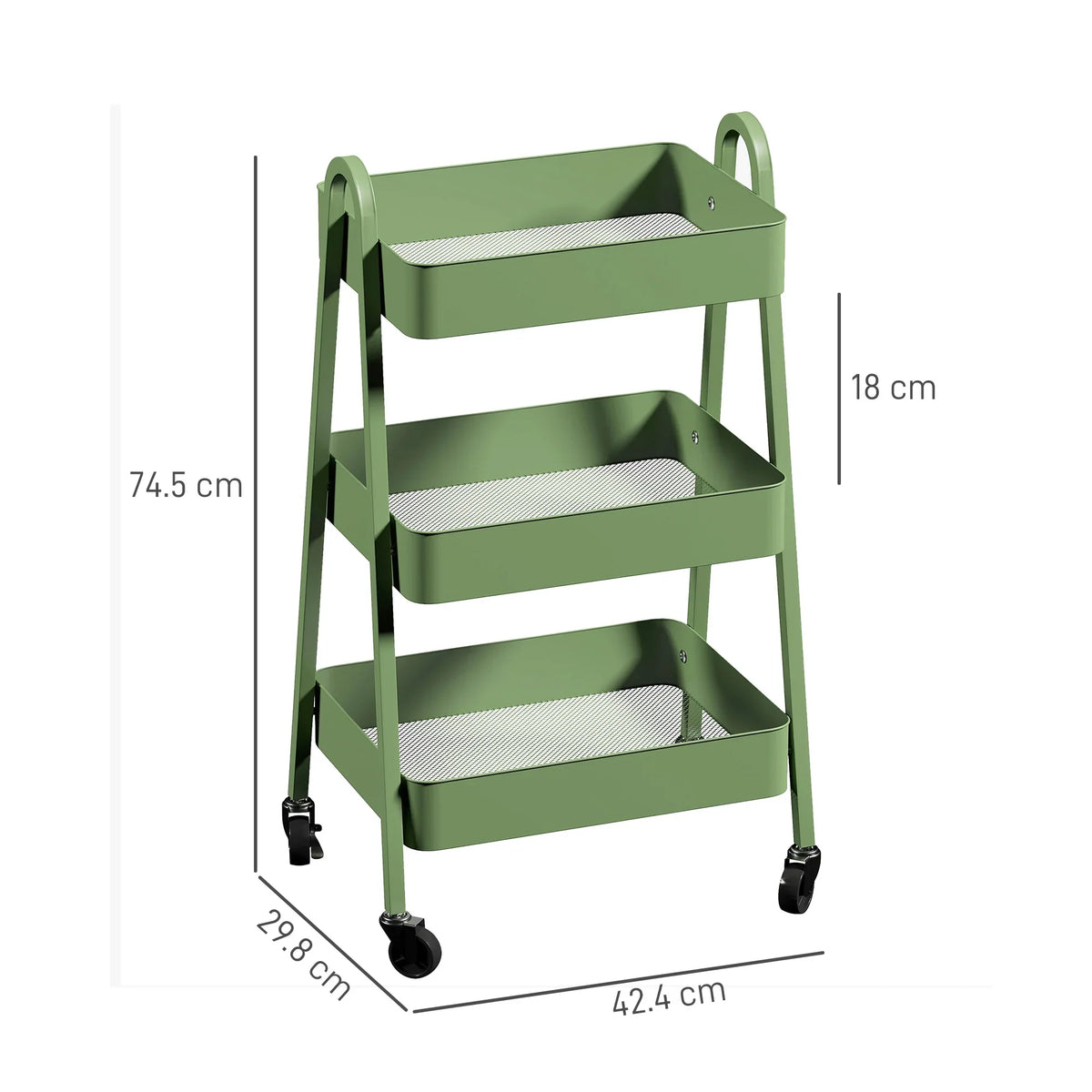 Green 3-tier mesh storage trolley with caster wheels, shown with size dimensions