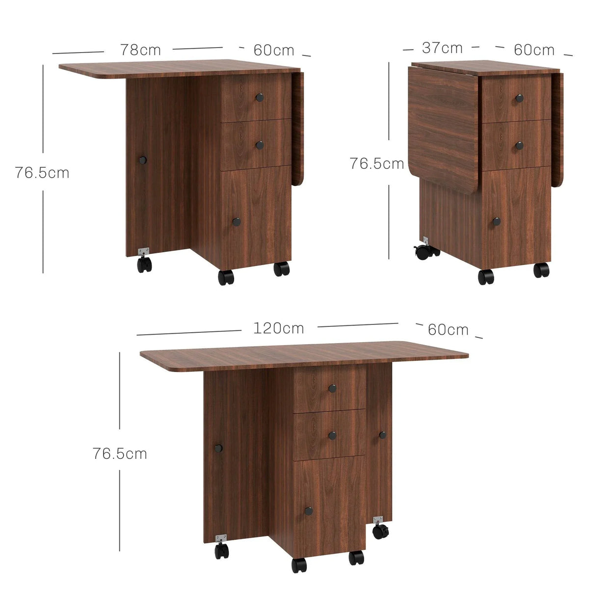 Rustic brown drop-leaf dining table with folded leaves and caster wheels