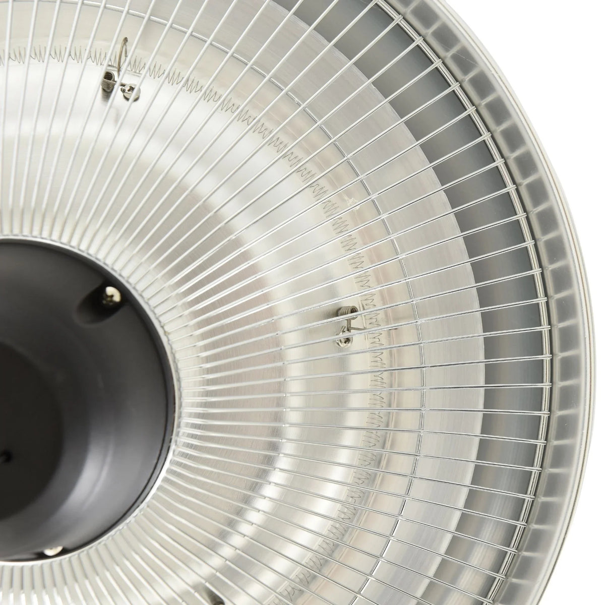 Close-up of halogen heater protective metal mesh and reflective surface