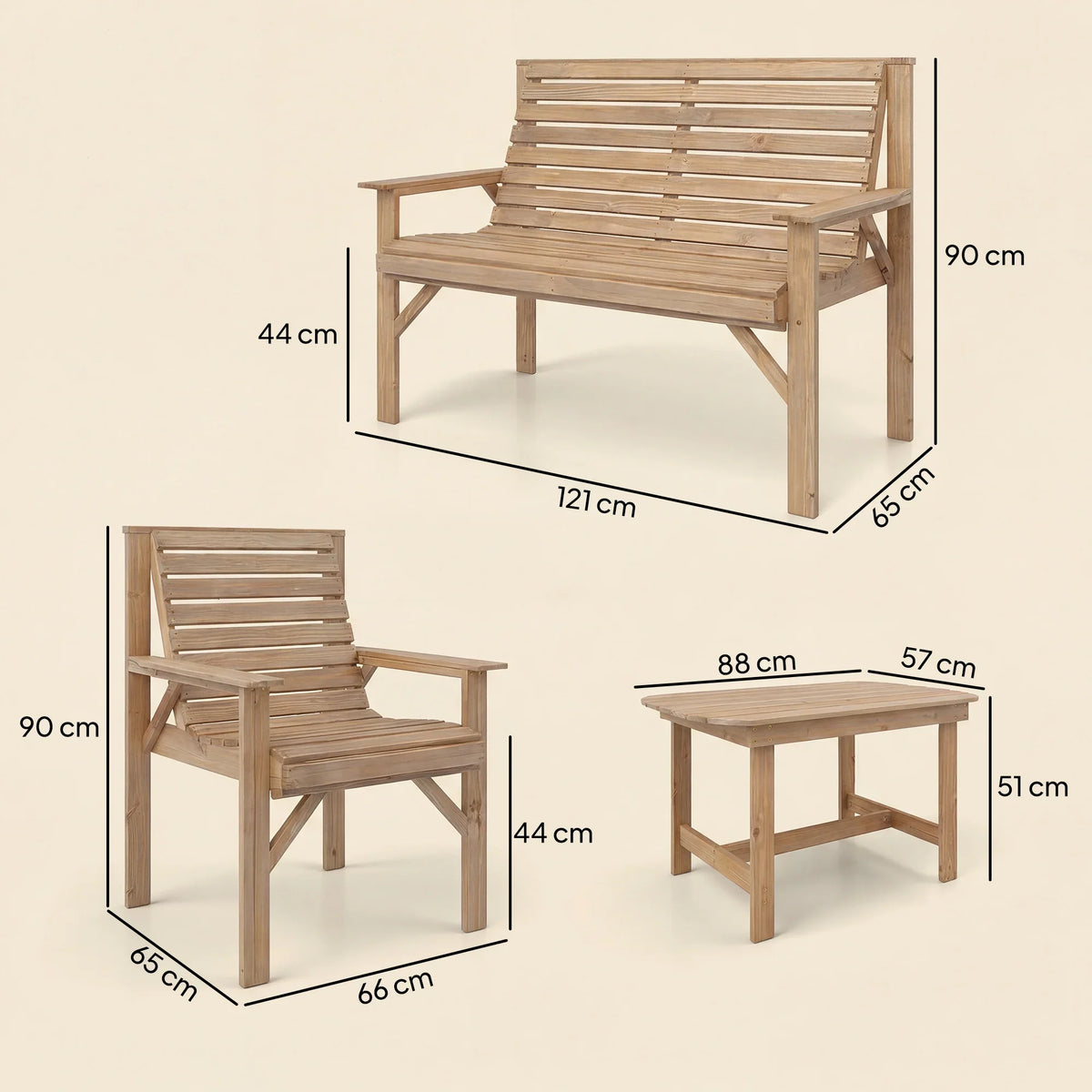 Natural wood loveseat, armchairs, and square coffee table with size diagrams