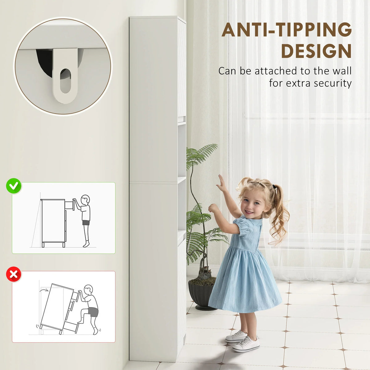 White narrow bathroom cabinet with anti-tipping design and wall attachment hardware