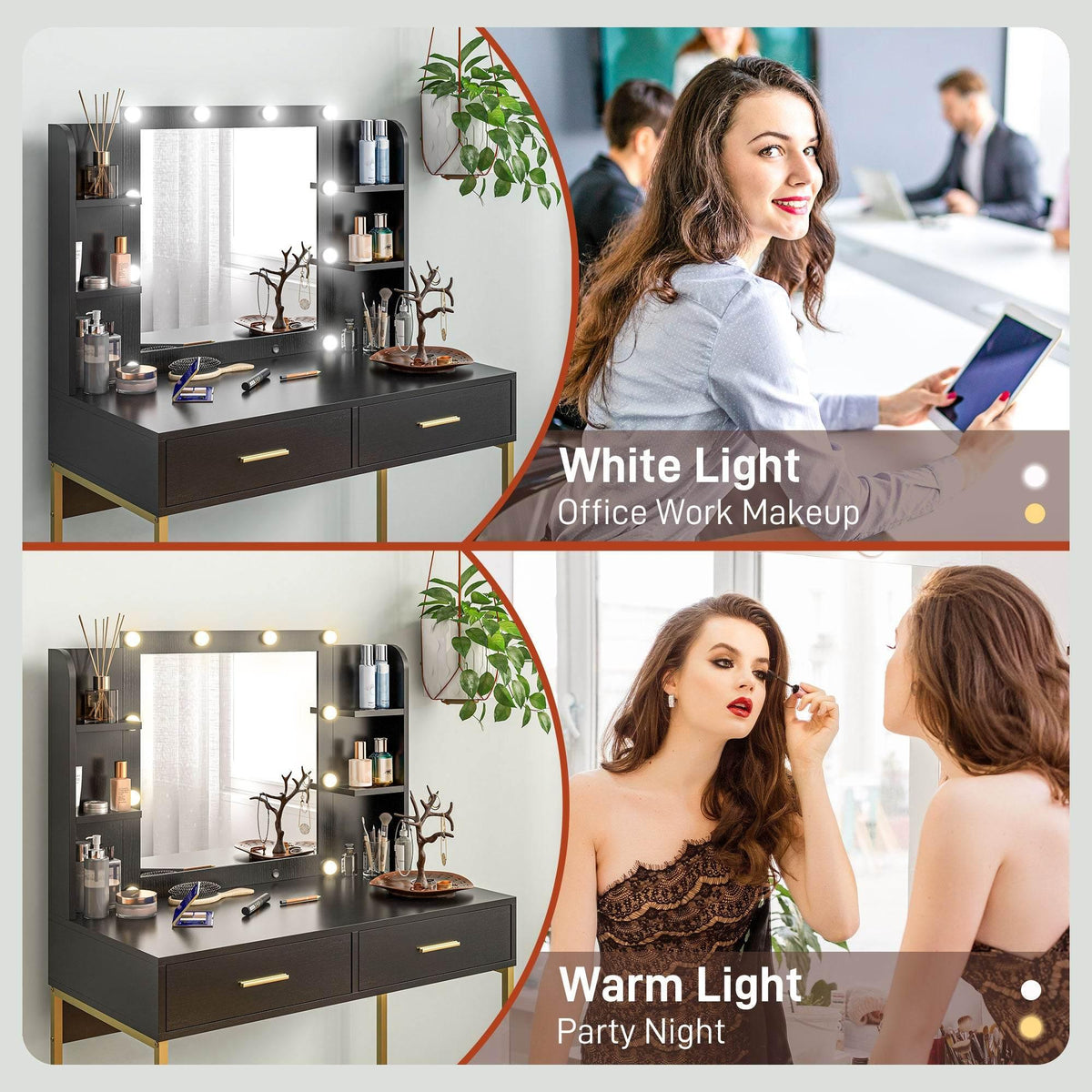 Black makeup vanity with lighted mirror and illuminated vanity storage unit