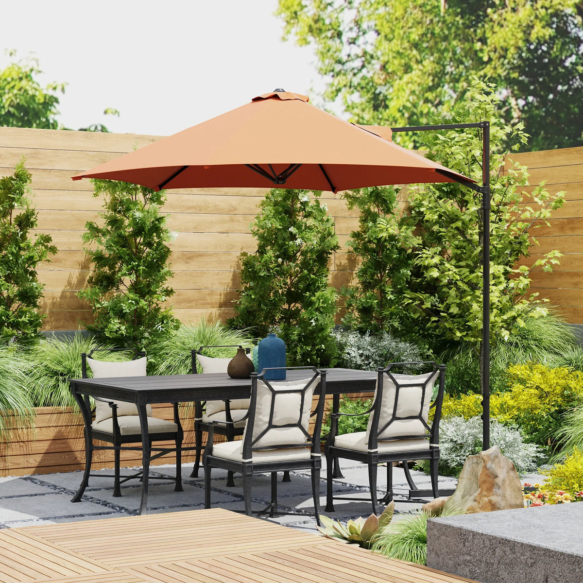 Orange cantilever patio umbrella with open canopy and black pole