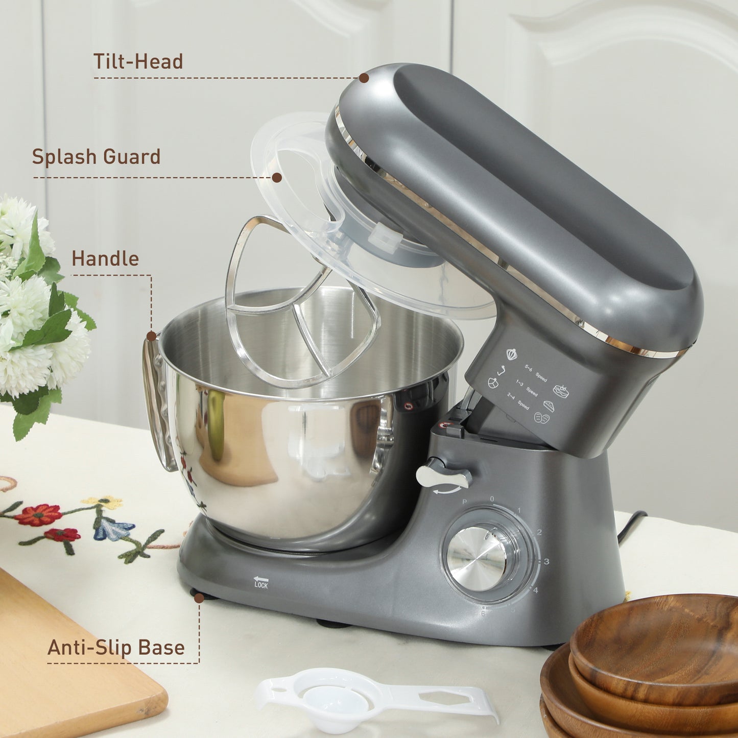HOMCOM 1300W Stand Mixer With Accessories Six Speeds Pulsation 4.5L Stainless Steel Bowl Silver