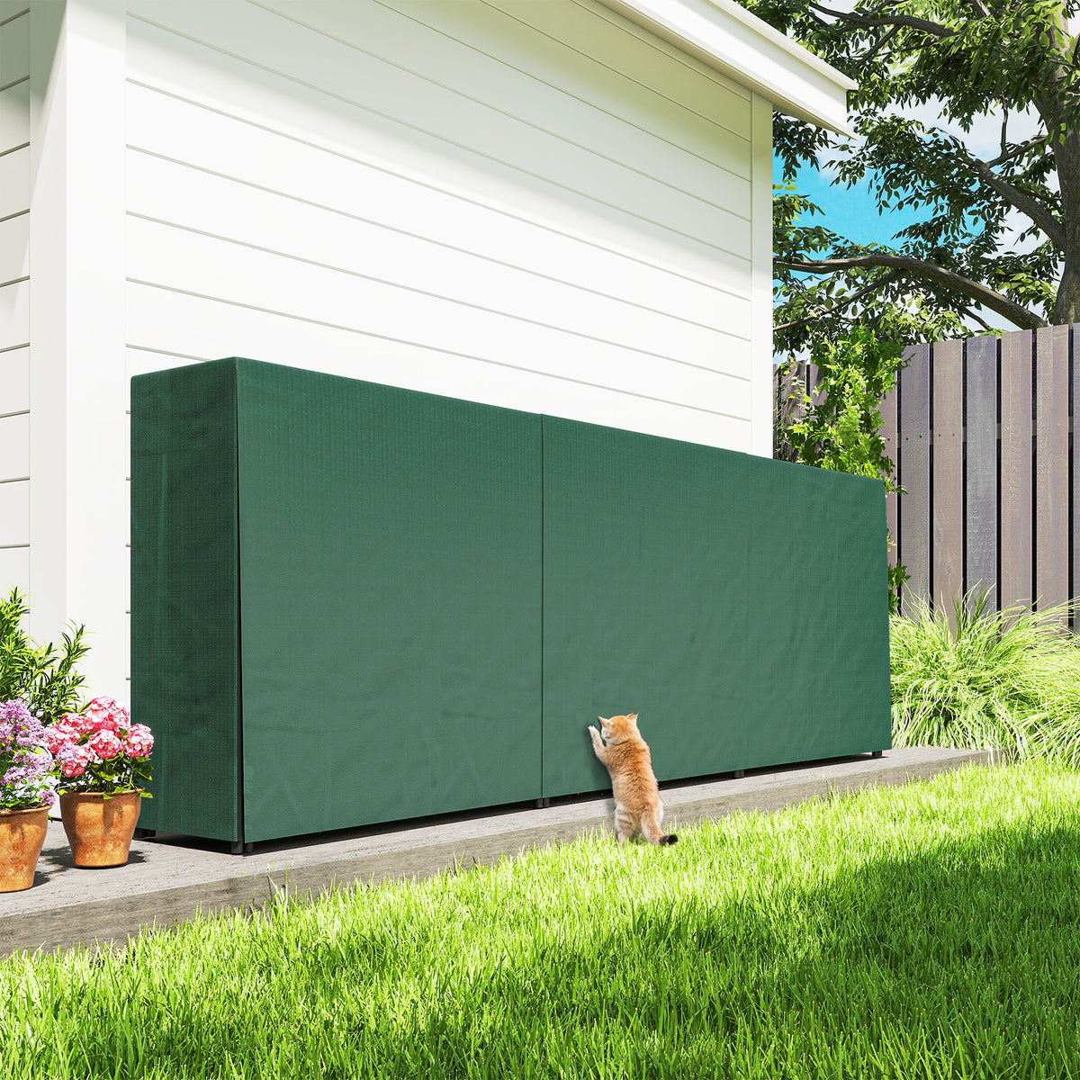 Green waterproof cover on a metal firewood log rack with open side view