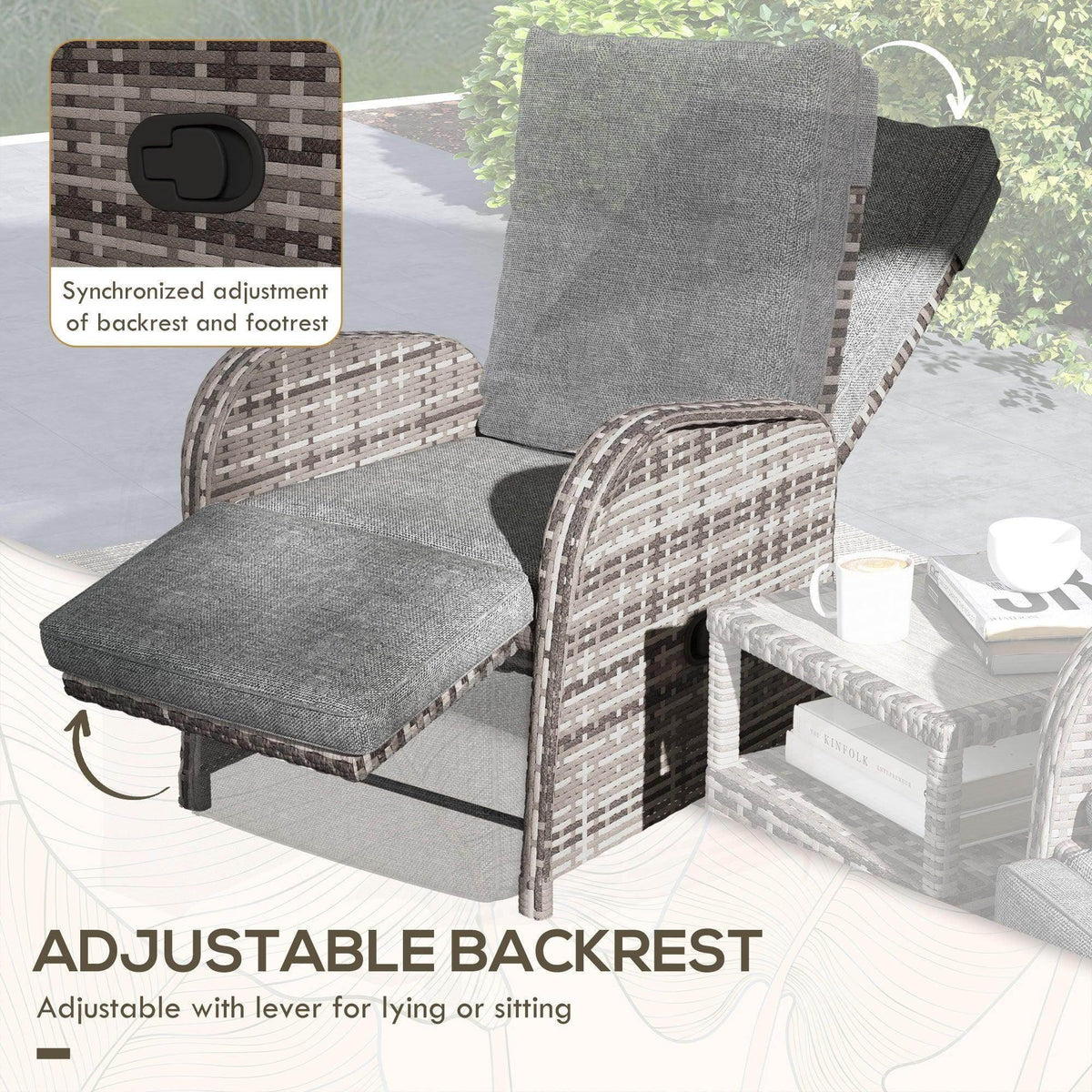 Adjustable patio rattan chaise lounge chair with gray cushion and reclining backrest