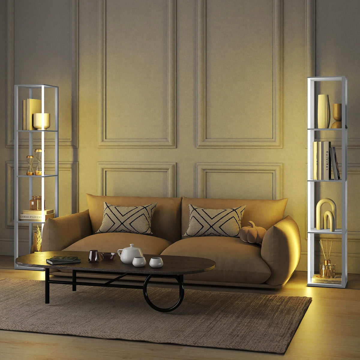White RGB LED floor lamp with open shelves in a living room, warm yellow light