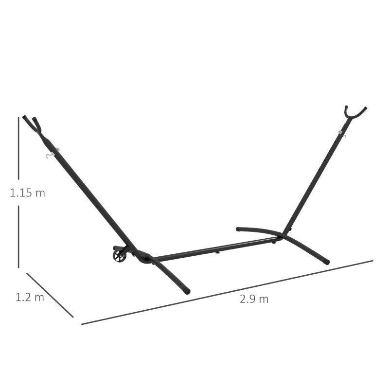 Adjustable black hammock stand with V-frame legs and marked ground span