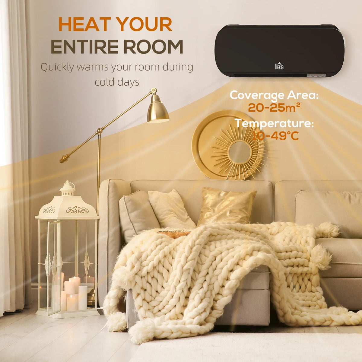 Black wall-mounted ceramic space heater with visible warm-air airflow.