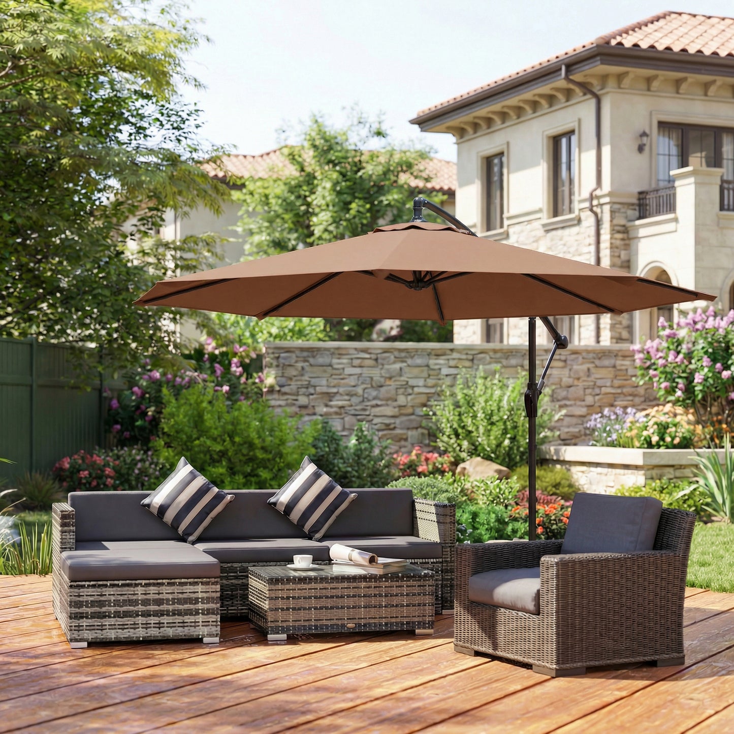 Outsunny Three Meter Overhanging Cantilever Parasol With Cross Base Coffee UV Resistant Fabric