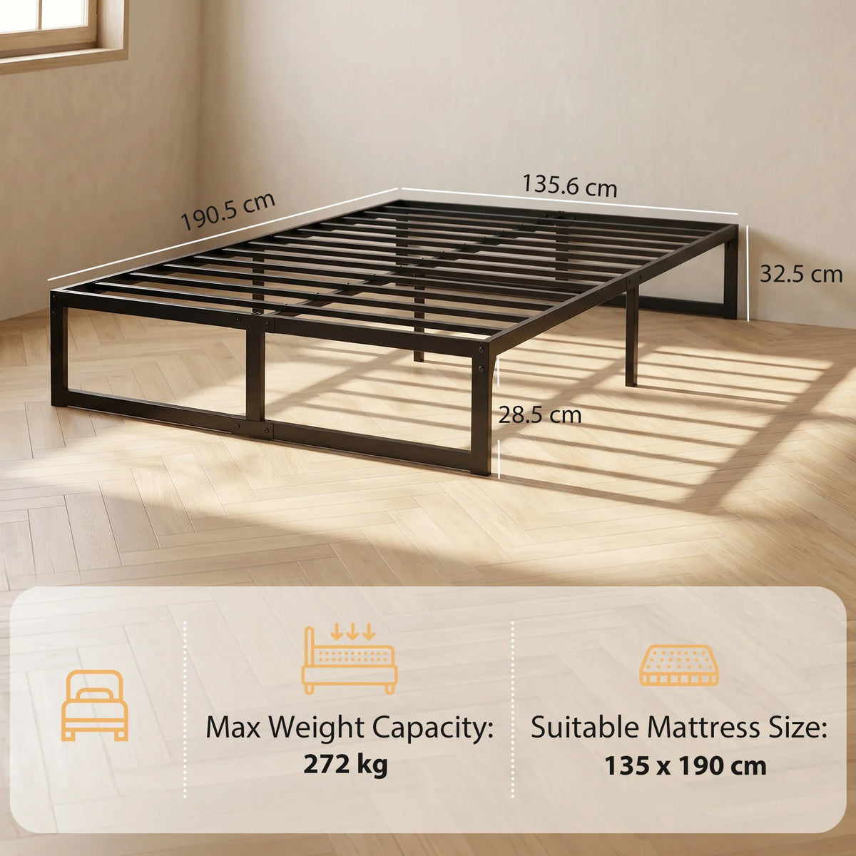 Black metal double bed frame with steel slat support and open underbed storage base