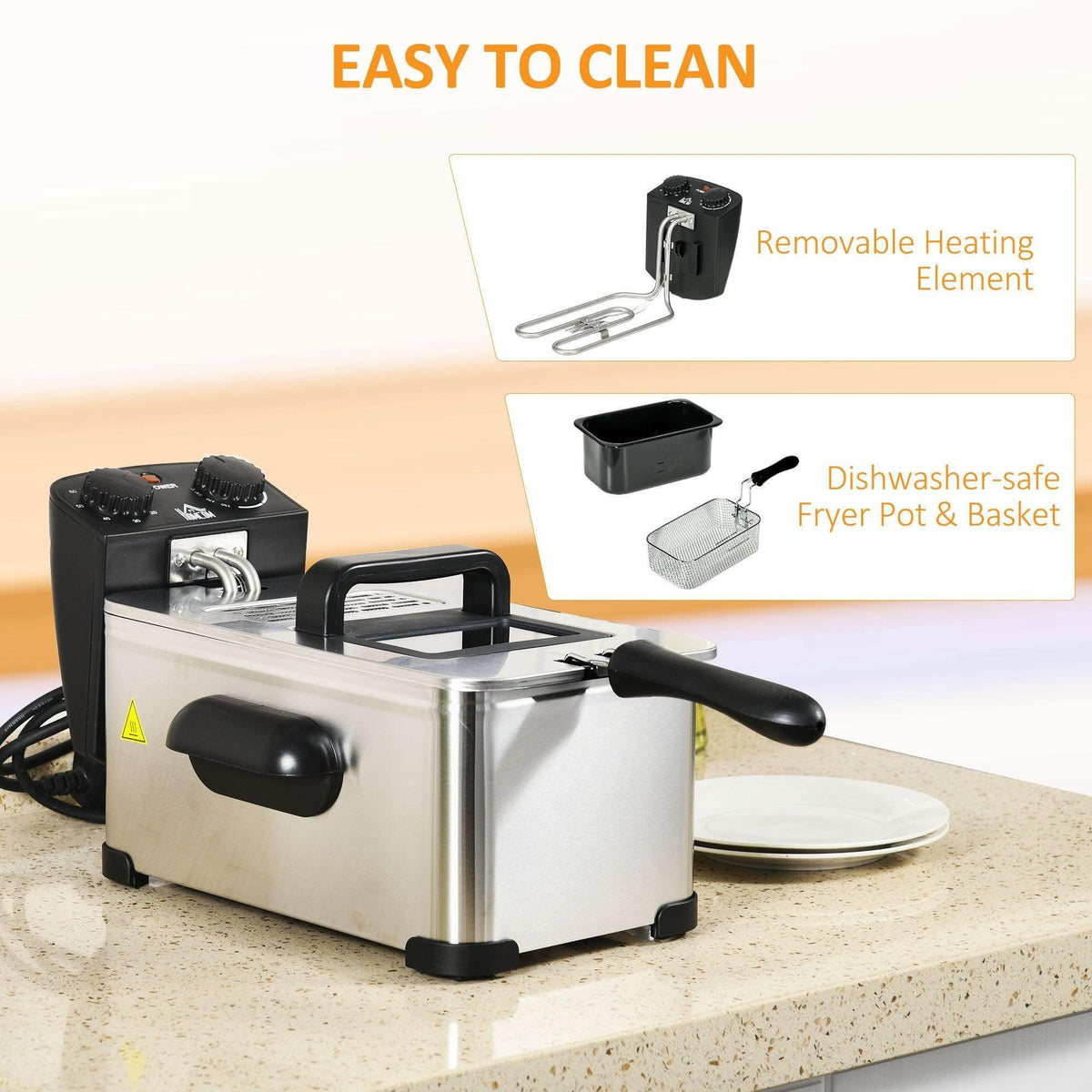 Stainless steel deep fat fryer with removable heating element and dishwasher-safe basket