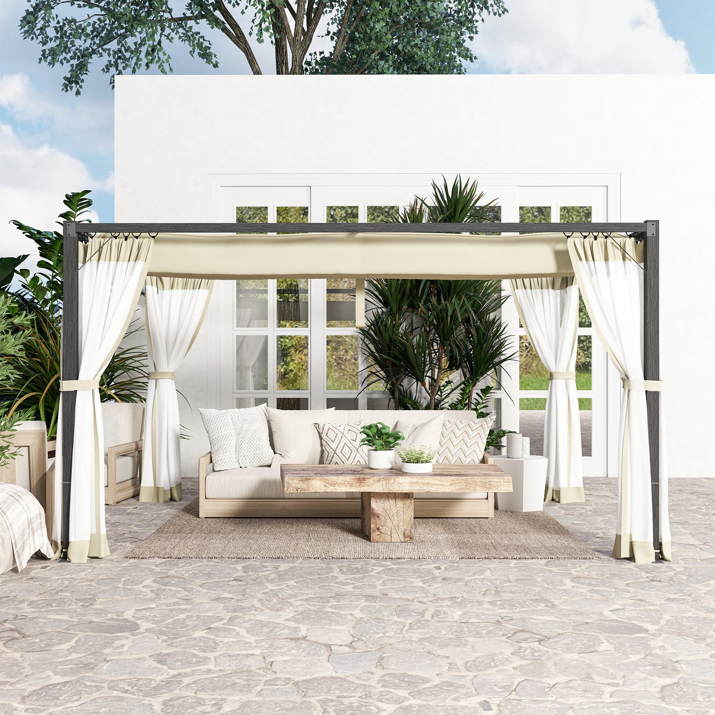 Outsunny 3x4m Aluminium Frame Pergola With Retractable Roof In Khaki Outdoor Garden Shade