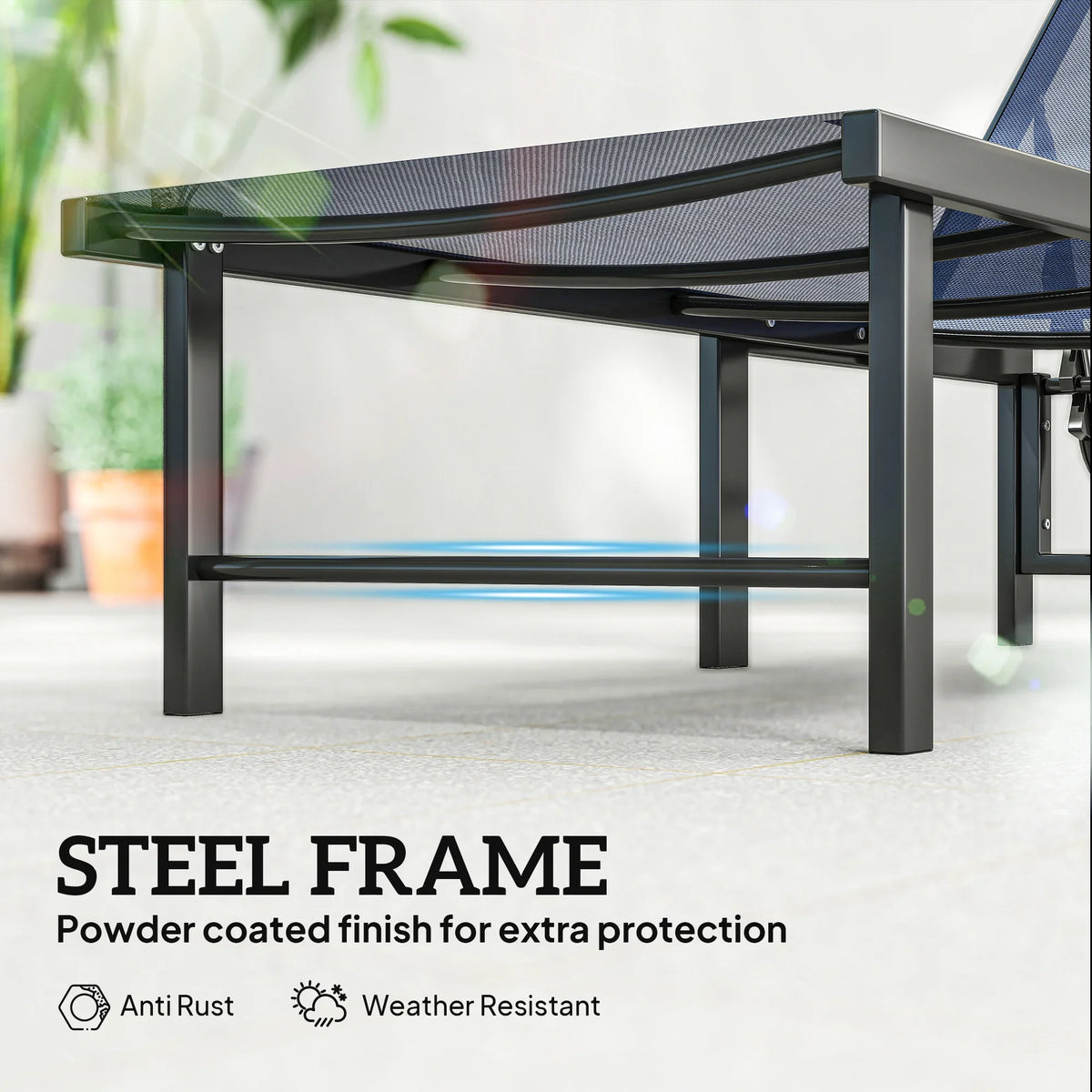 Powder-coated steel frame for dark blue reclining sun lounger set, under-seat view