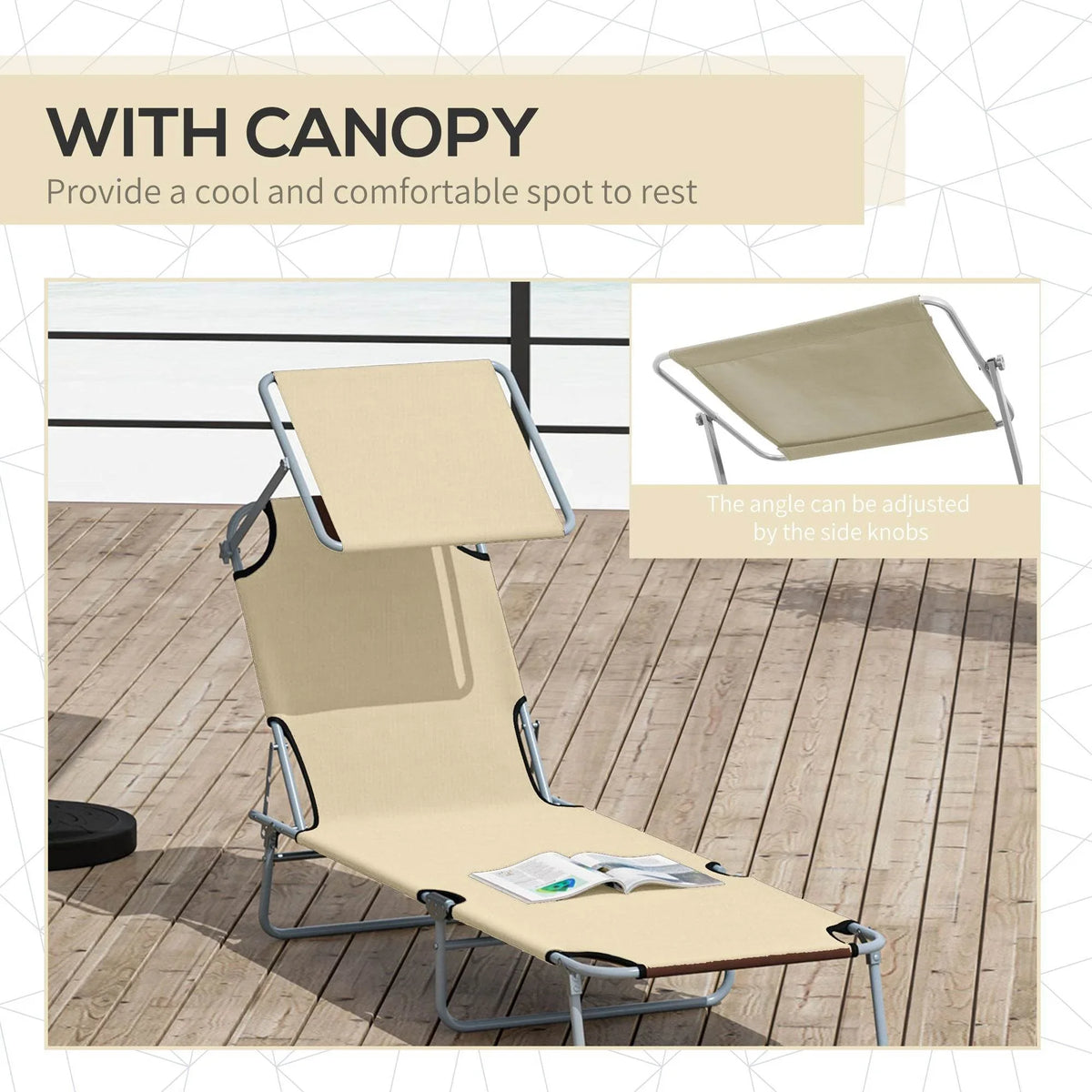 Beige sun lounger with adjustable canopy, padded seat, foldable metal frame