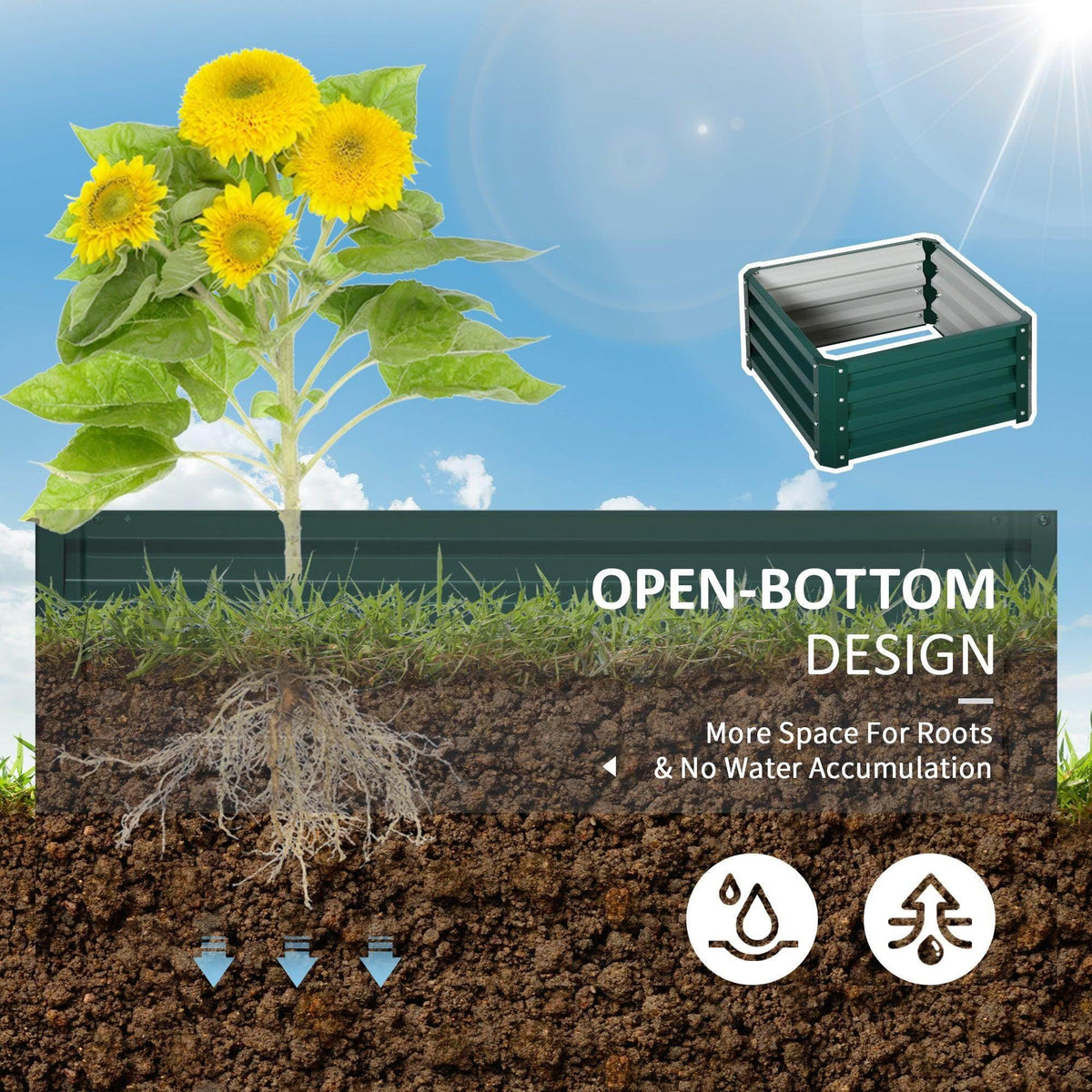 Green raised garden bed open-bottom design illustration over soil and roots