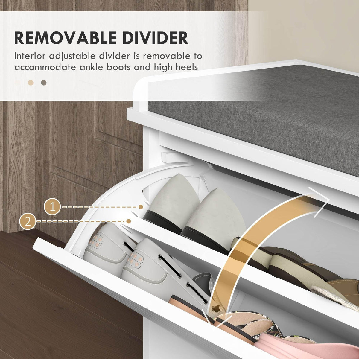 Shoe storage bench with removable interior divider beneath gray cushioned top.