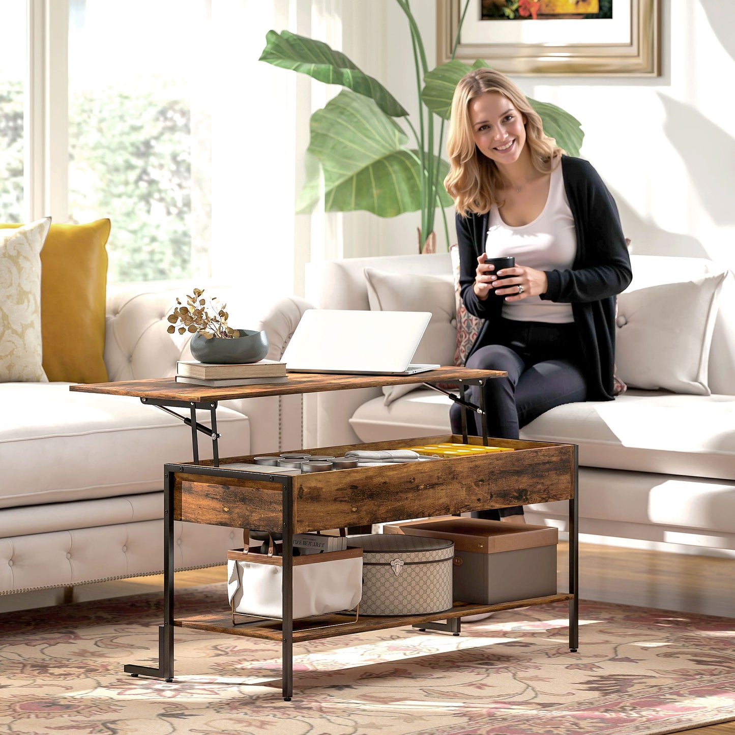 HOMCOM Lift Top Coffee Table With Storage Rustic Brown Modern Centerpiece For Living Room