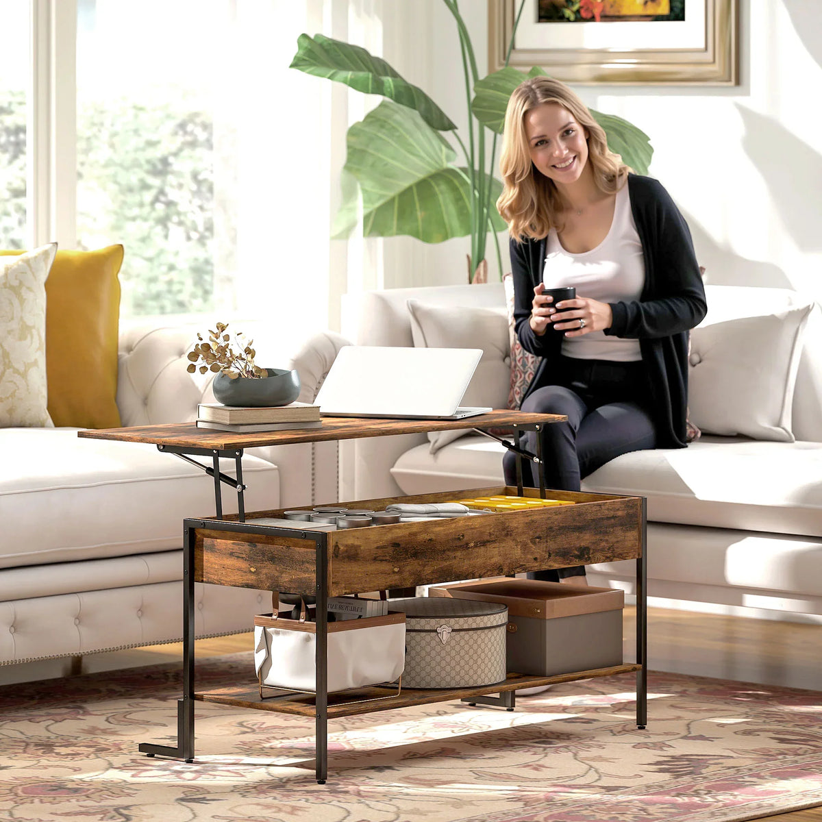 Lift-top coffee table with open storage below and raised surface, rustic brown wood and black frame