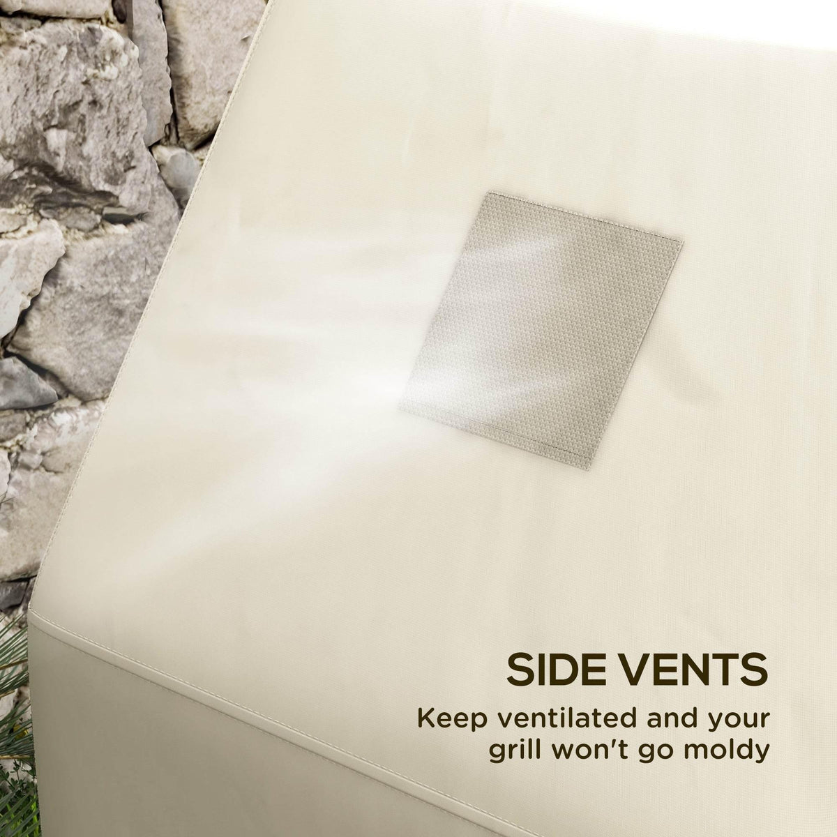 Beige BBQ grill cover with side vent mesh panel for ventilation