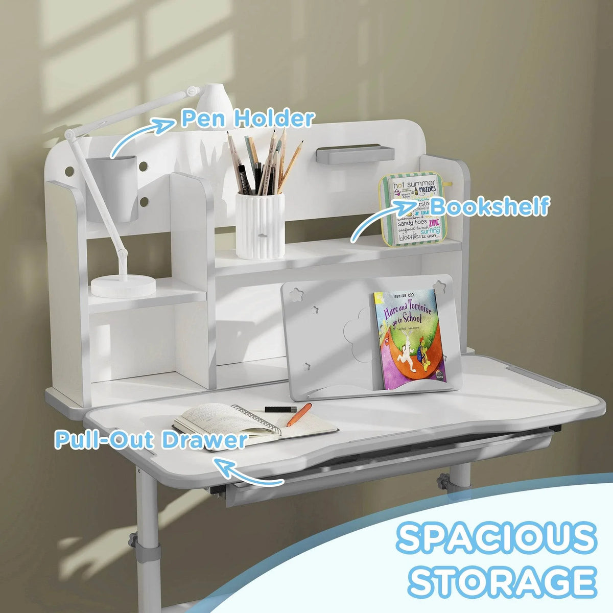 Kids study desk with pull-out drawer, pen holder, and bookshelves