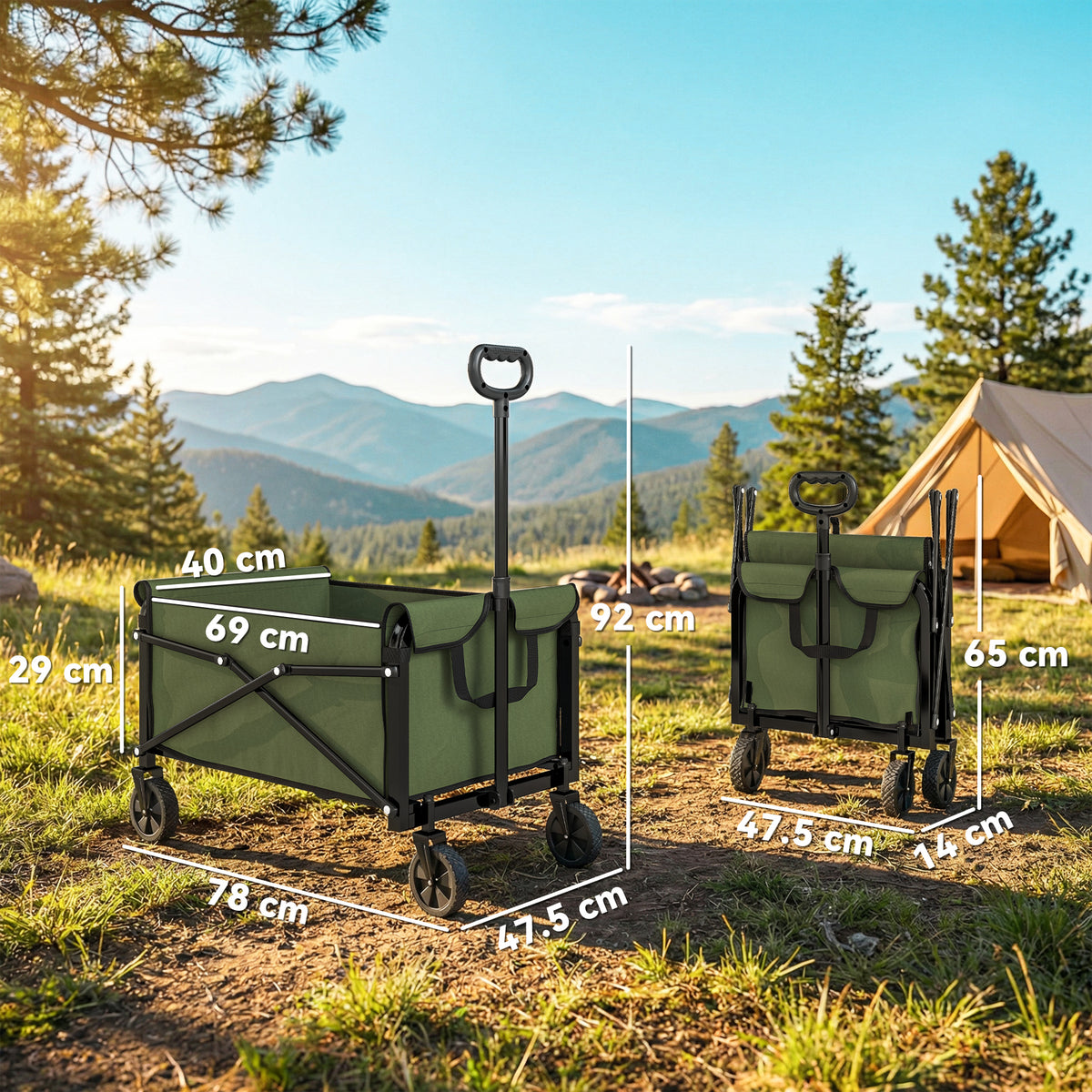 Green compact folding wagon cart with adjustable handle and four caster wheels