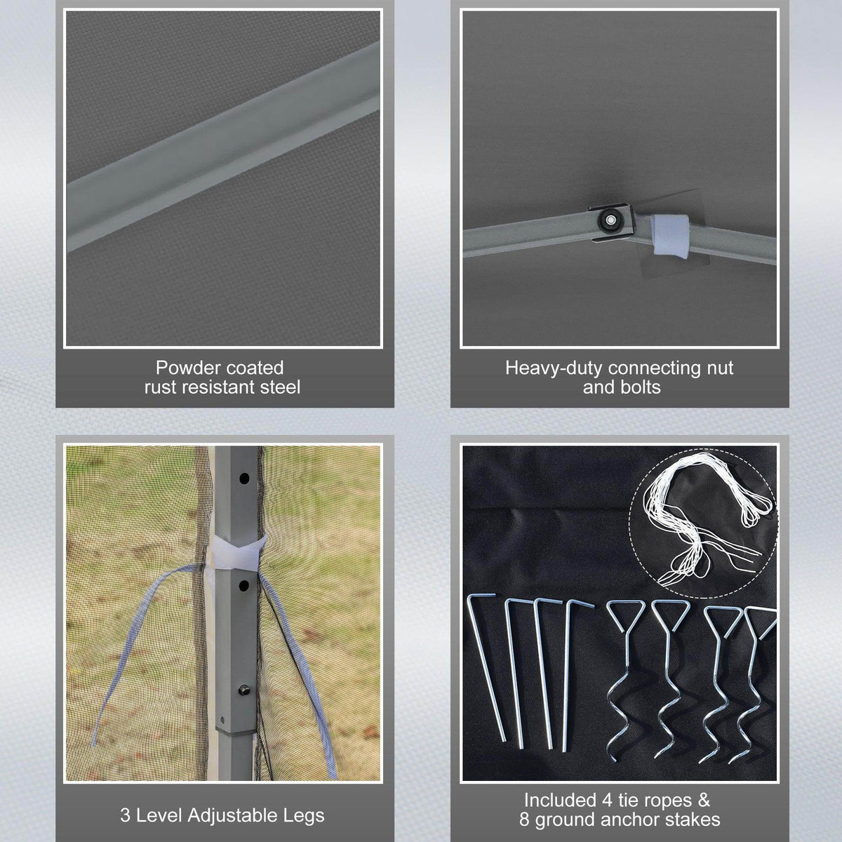 Grey gazebo hardware details: rust-resistant steel joints, adjustable legs, ropes and stakes