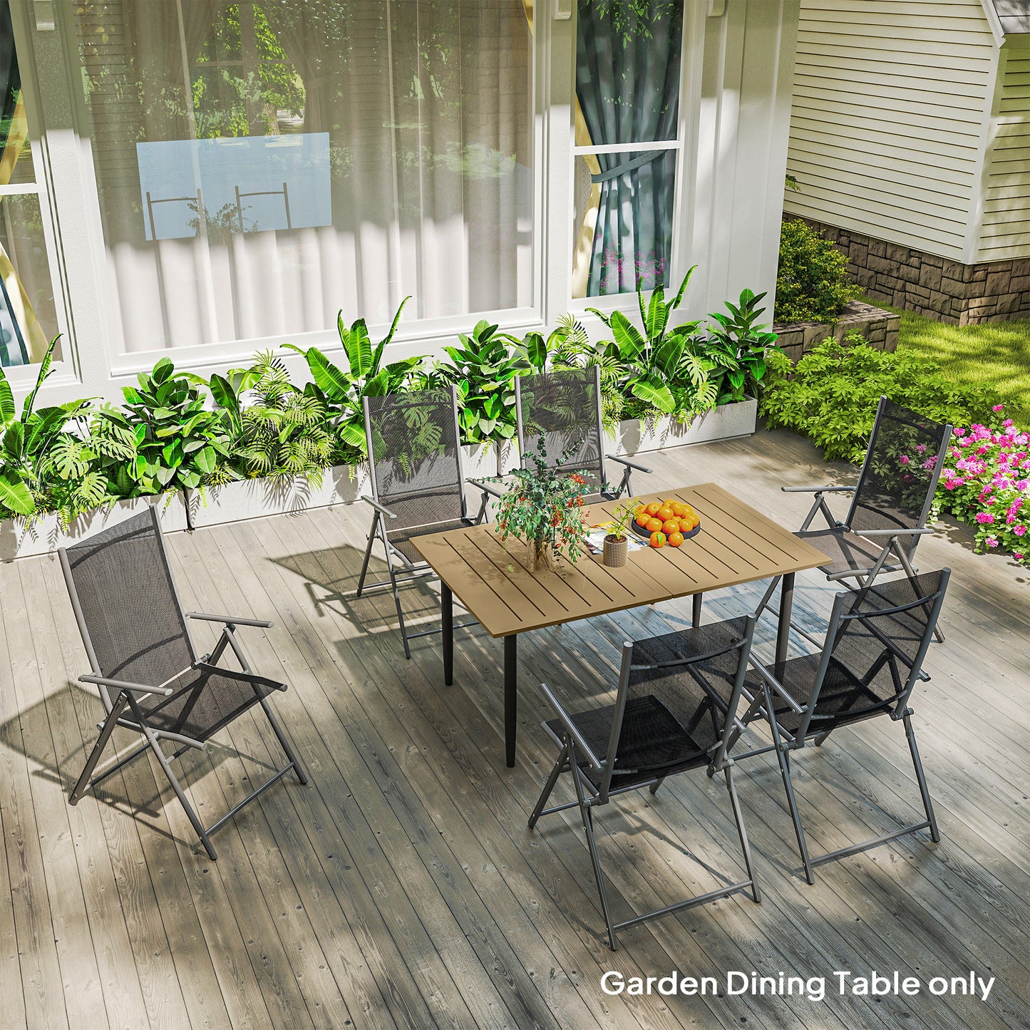 Outsunny Garden Dining Table 150 By 90 Cm Outdoor Slatted Table With 5 Cm Parasol Hole Steel Frame Brown
