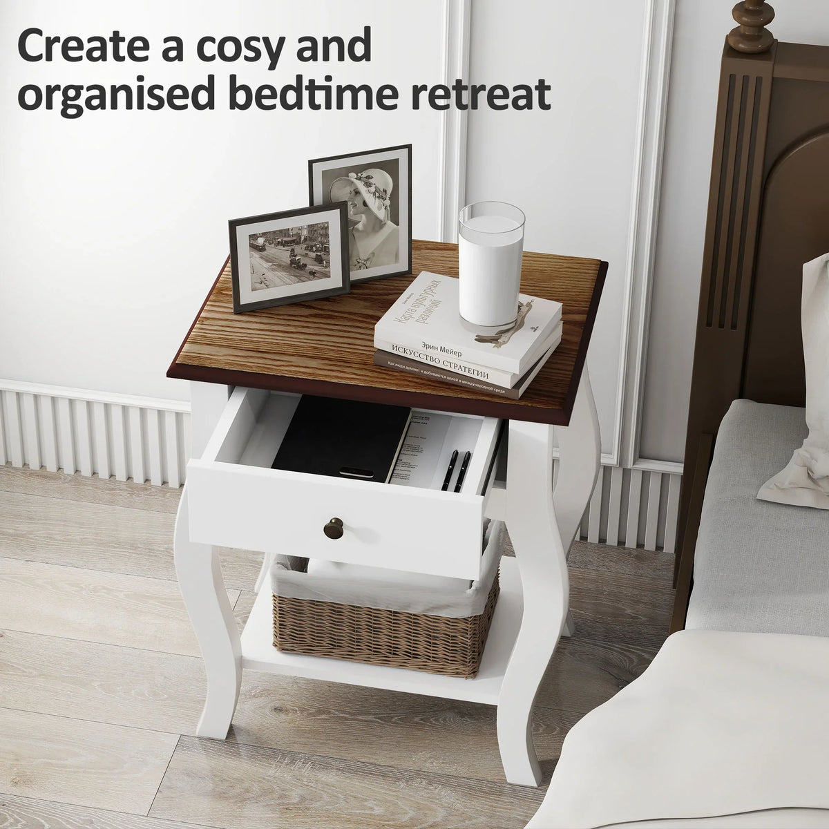 White French-style bedside table with drawer, open shelf, and dark wood tabletop.