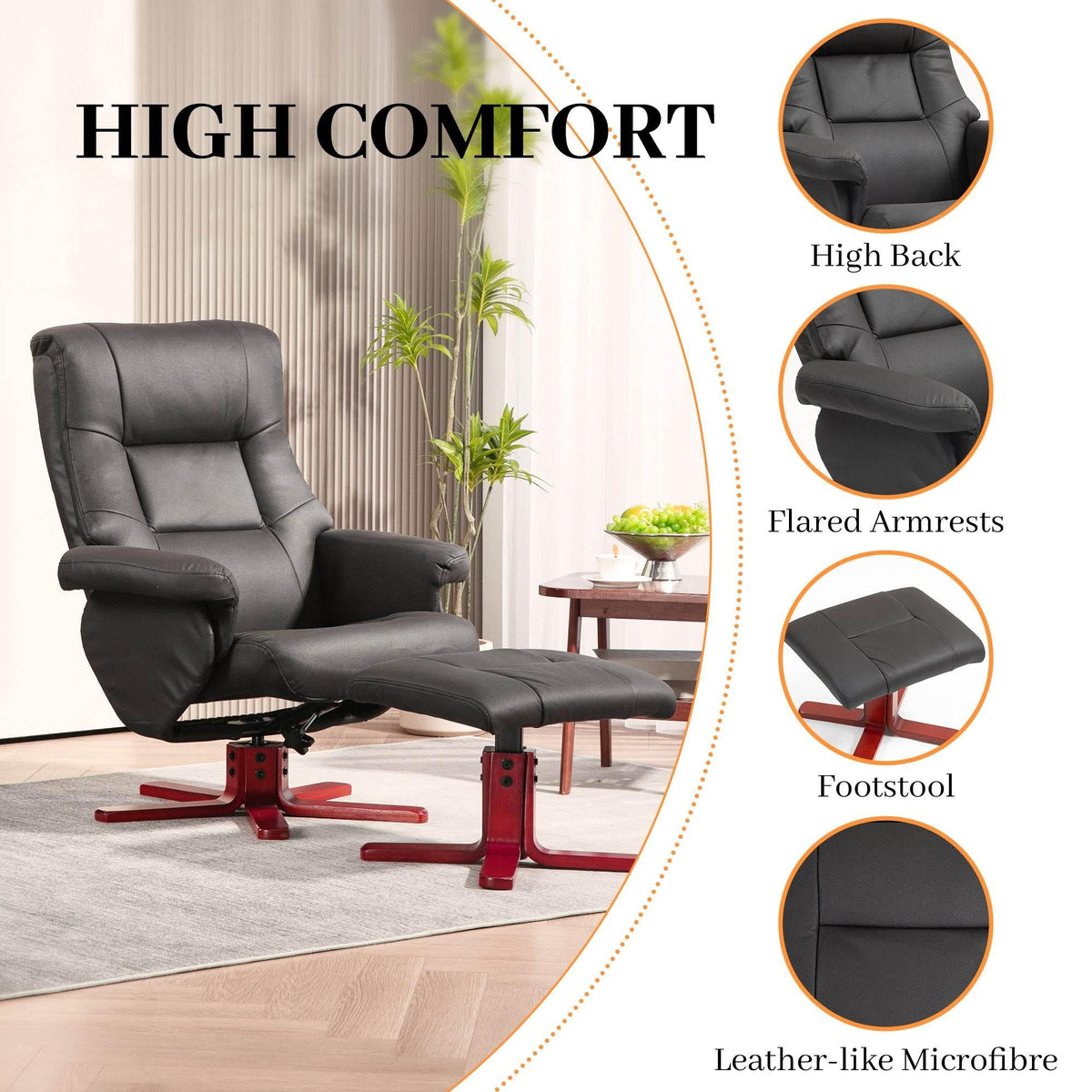 Black faux microfibre recliner with footstool and red wooden-style base, high back.
