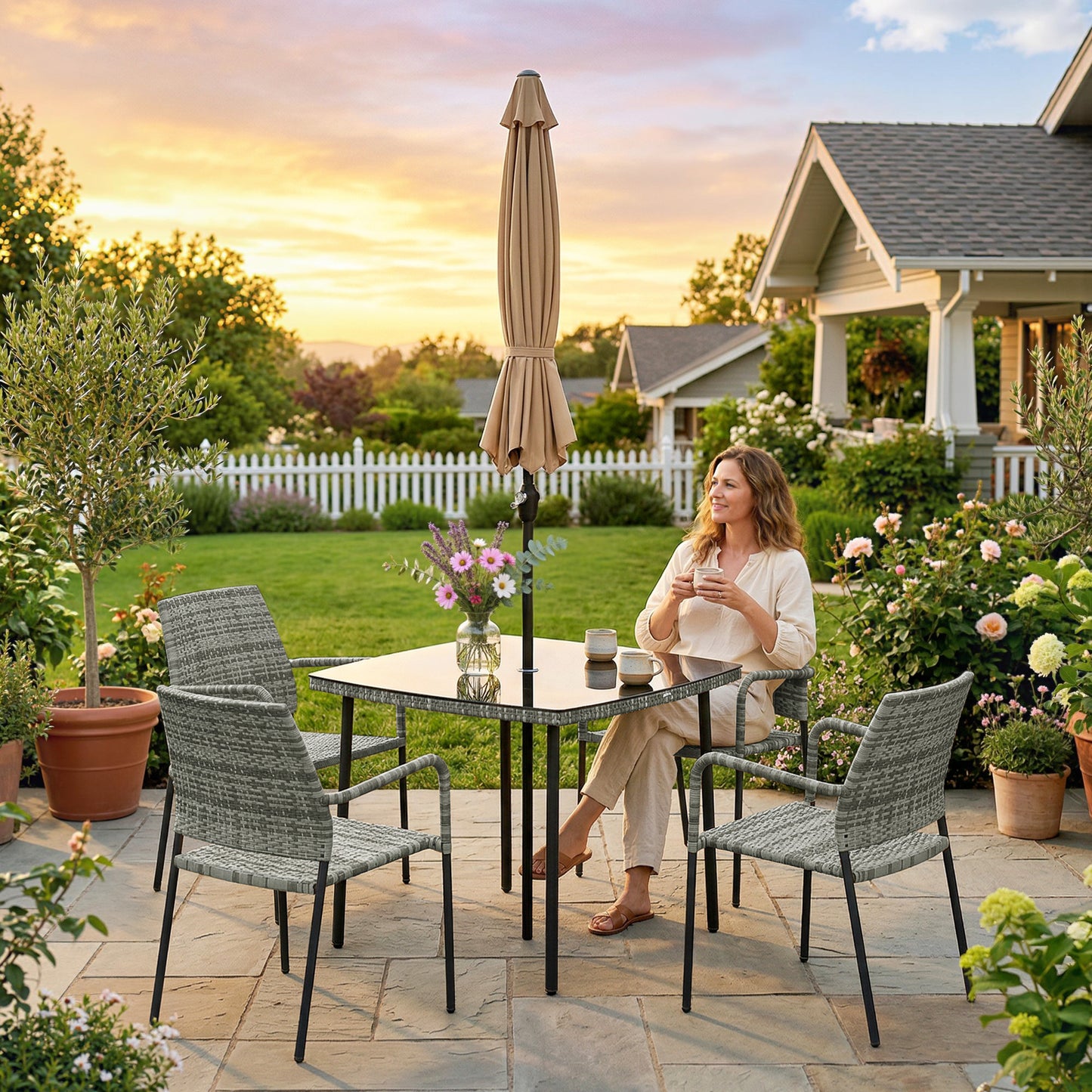 Outsunny 6 Piece Rattan Outdoor Dining Set With Parasol Tempered Glass Tabletop And Stackable Chairs