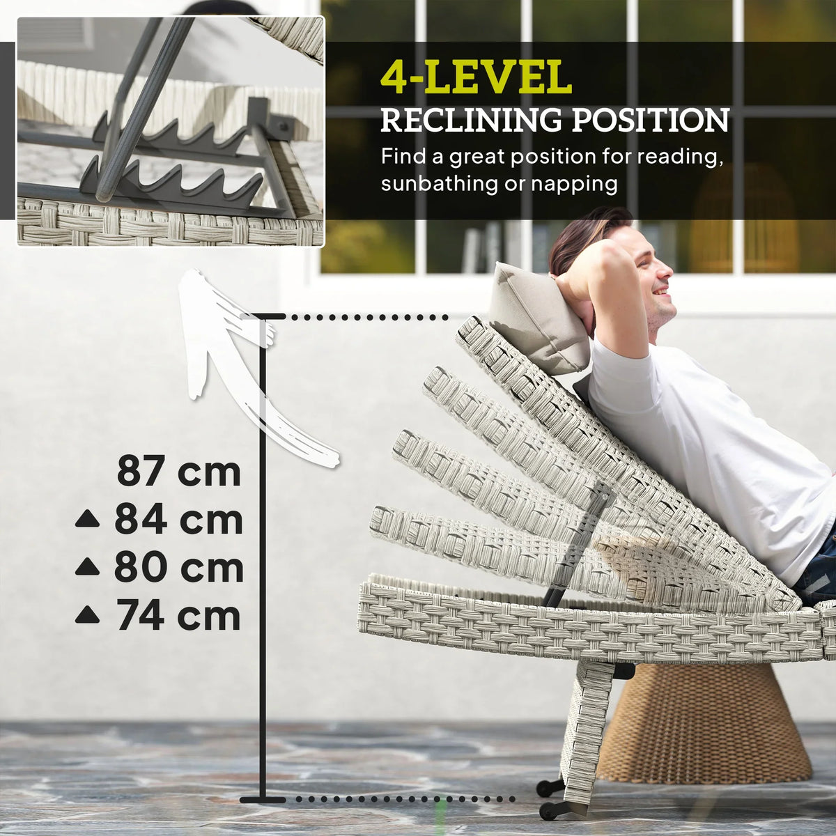 Grey reclining sun lounger with four-position backrest and wheeled base