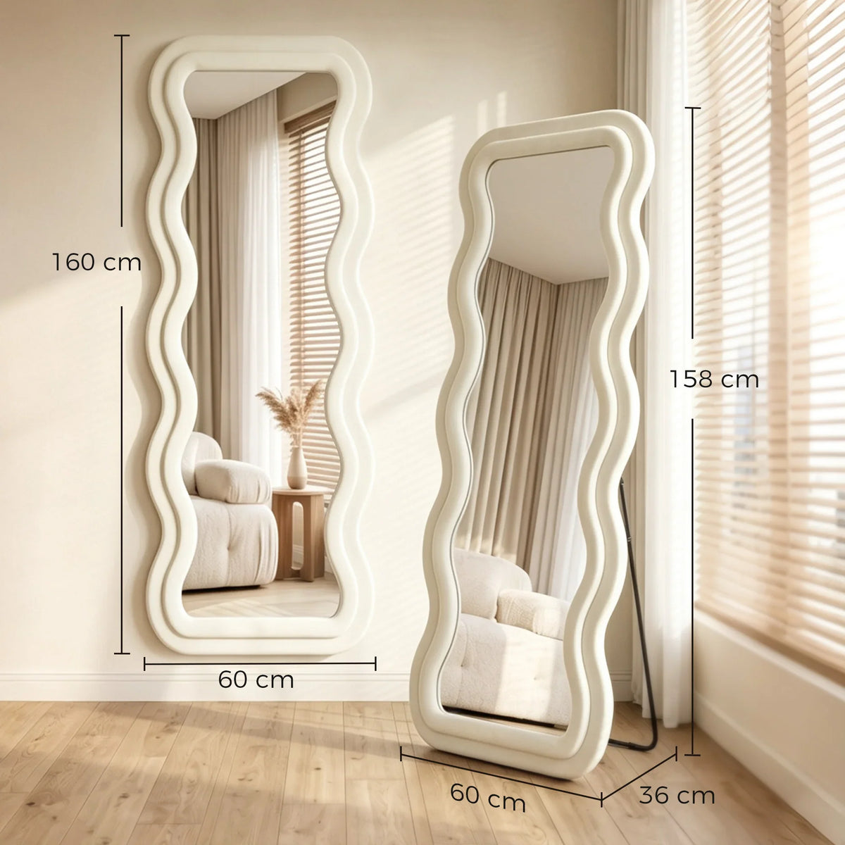 Full-length standing mirror with cream wavy velvet frame and clear glass, floor standing