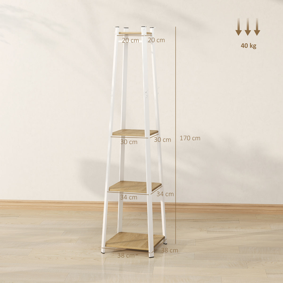 White and light wood corner coat rack with three tiers and double hooks