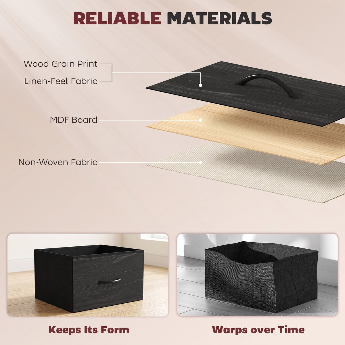 Black fabric dresser with non-woven fabric and wood-grain print surface