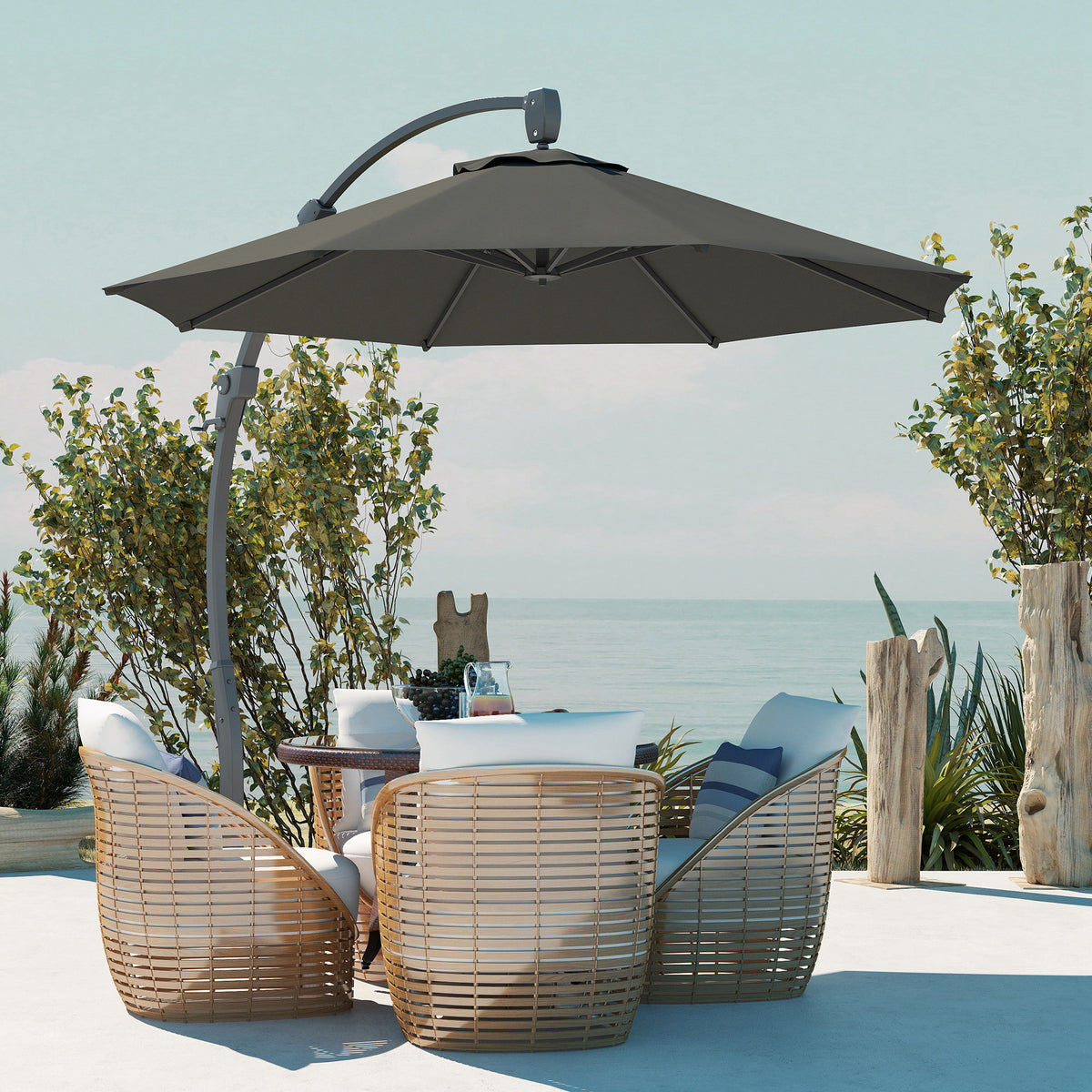 Grey cantilever patio umbrella over outdoor dining set with chairs, open canopy