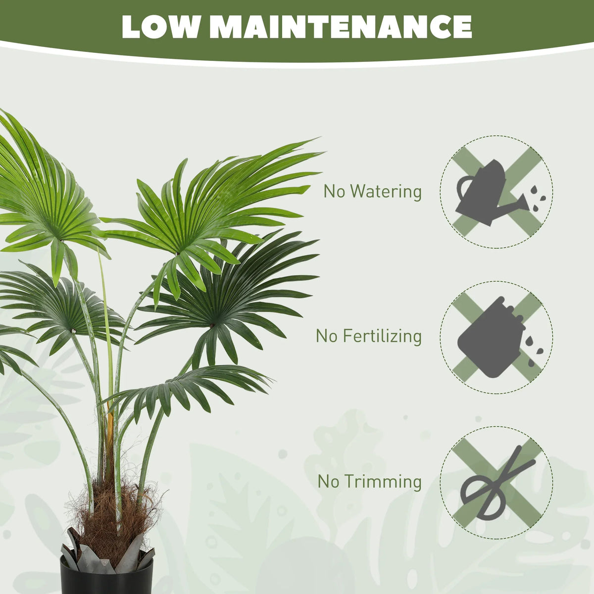 Artificial palm tree with green fronds in a black pot, low-maintenance look