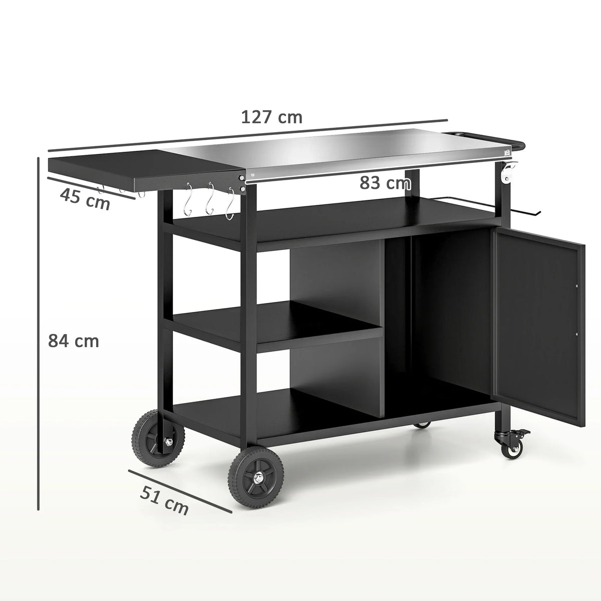 Black BBQ trolley cart with stainless top, open shelves, and side cabinet door.